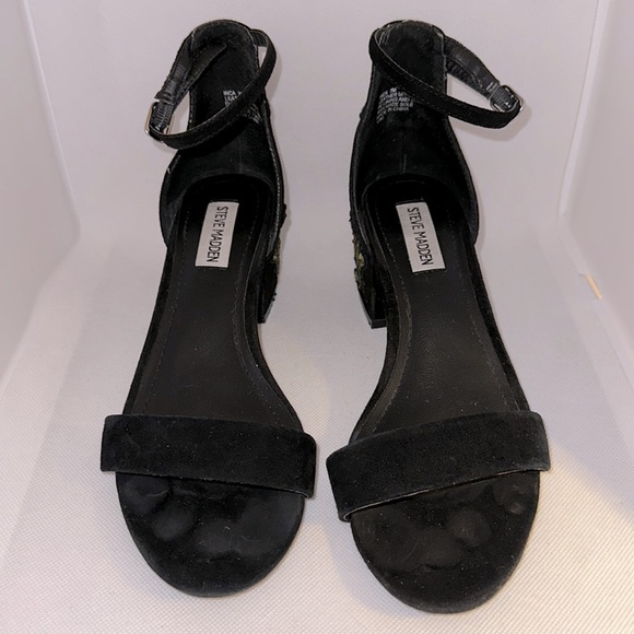 Steve Madden Inca Black Suede with Embroidered Flowers Heels Size 7 - EUC - Picture 6 of 8